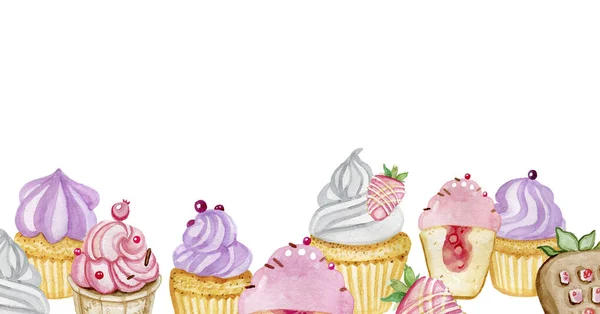 Υδατογραφία τροφίμων εικονογράφηση γλυκά κέικ muffins οριζόντια banner — Φωτογραφία Αρχείου