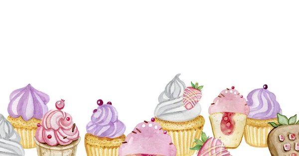 Aquarelle nourriture illustration bonbons gâteaux muffins bannière horizontale — Photo