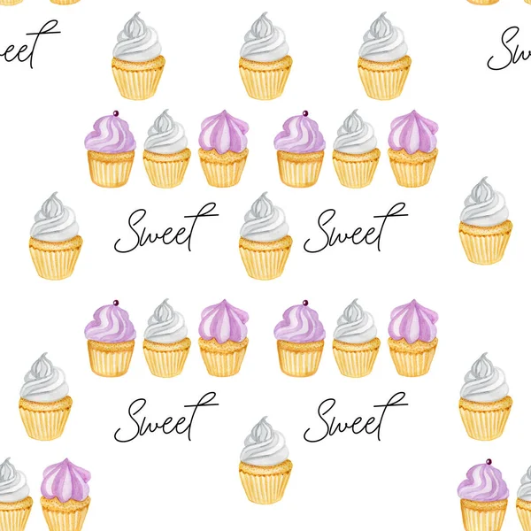 Naadloos patroon digitaal behang achtergrond stof cupcake muffins snoep keuken — Stockfoto