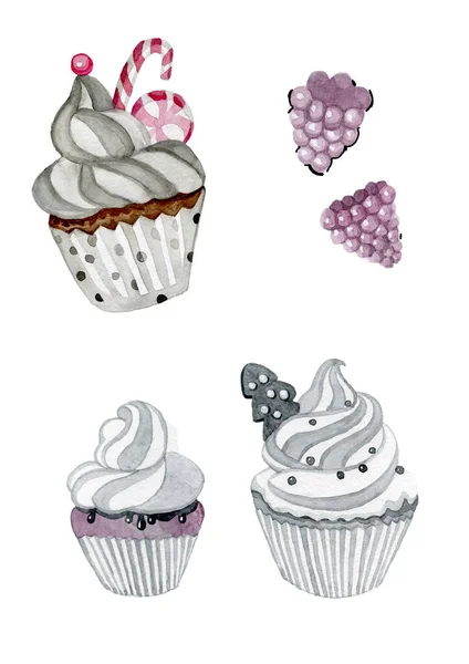 Cupcakes y bayas acuarela gris y rosa acuarela a mano comida vintage — Foto de Stock