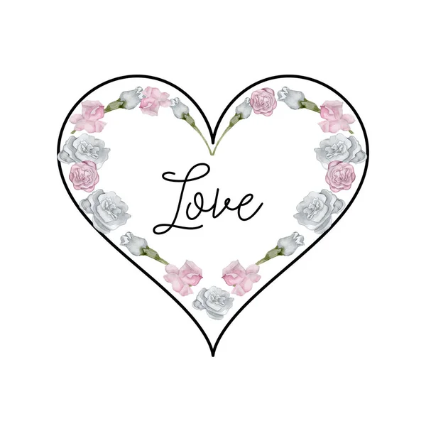 Love Flowers Rose Heart Watercolor Handheld Card for Valentines Day — Stock Photo, Image