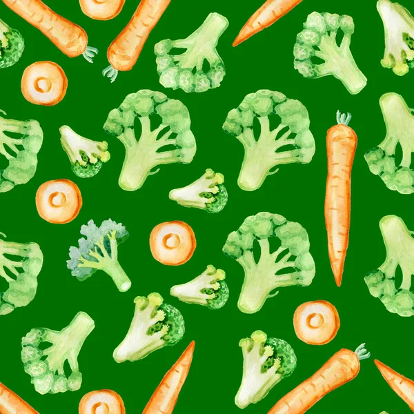 Modello senza cuciture Digital Paper Broccoli Carota Cibo sano Stile vegetariano Cibo acquerello palmare per tovaglia da cucina Asciugamani — Foto Stock