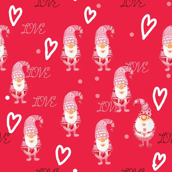 Valentines Day Seamless Pattern Digital Paper Gnomes Watercolor Hearts Love Pink — Stock Photo, Image