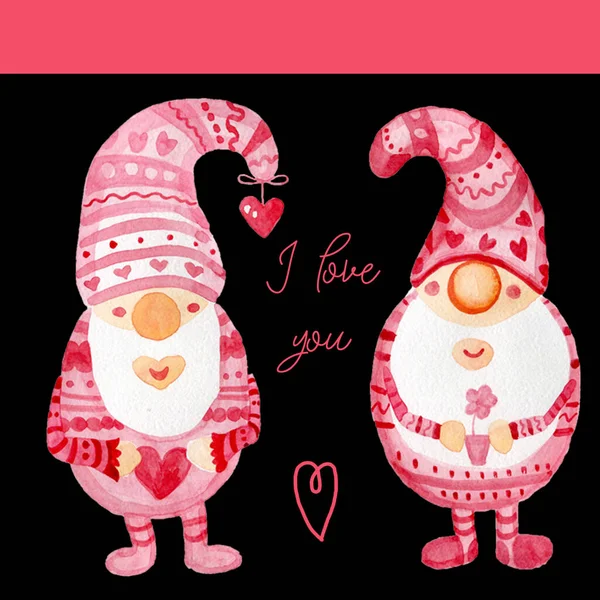 Gnómok Rózsaszín szívek Valentin-napi illusztráció Design toggle kapcsoló italok Kraft — Stock Fotó