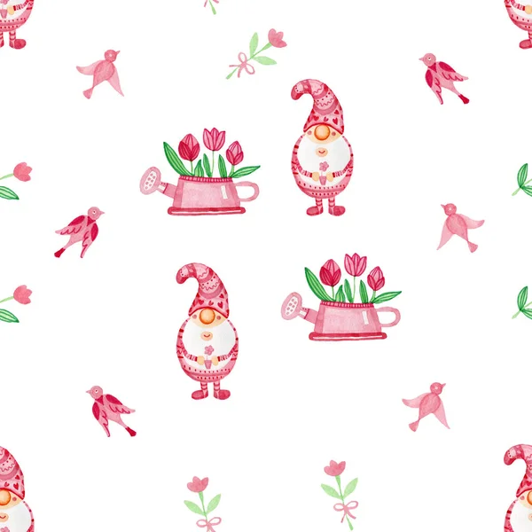 Χαριτωμένο Gnomes Spring Υδατογραφία Ροζ Απρόσκοπτη μοτίβο Συσκευασία Χαρτί Τουλίπες Πουλιά — Φωτογραφία Αρχείου