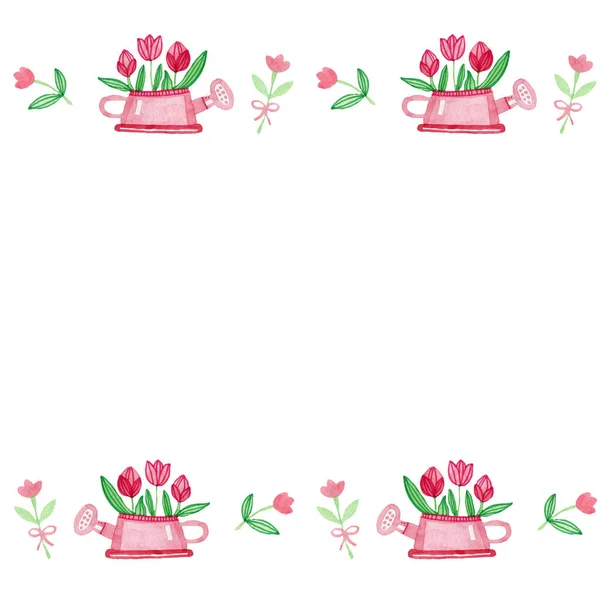 Sans couture bordure ruban ornement printemps arrosage peut tulipe couleur rose — Photo