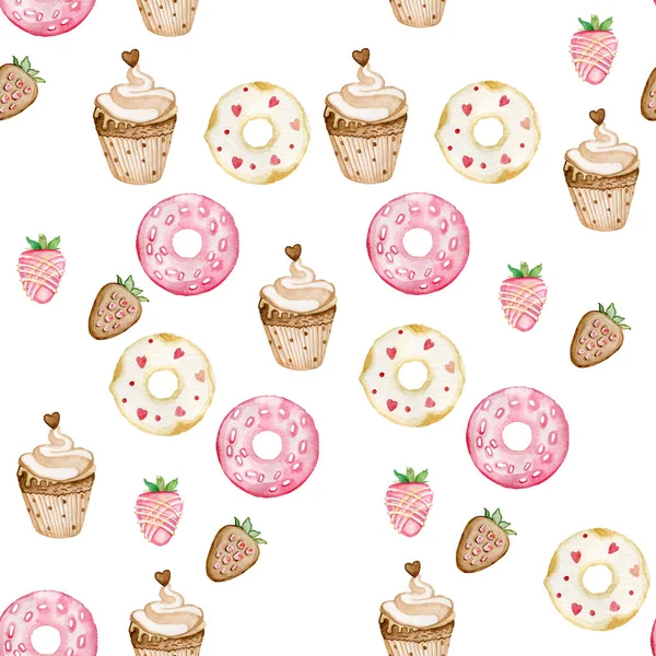 Modèle sans couture papier peint numérique tissu nappe bonbons cupcakes beignets — Photo