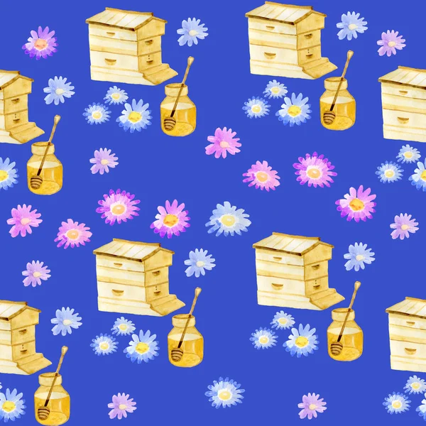 Honig Bienenhaus Aquarell von Hand niedliche provenzalische nahtlose Muster für die Verpackung für Stoff — Stockfoto