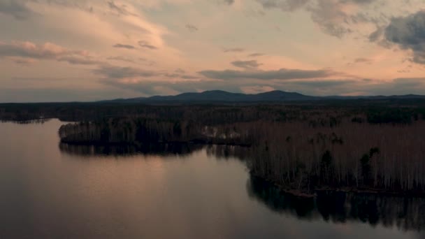 Вид с воздуха на природный ландшафтный лес на берегу озера на закате — стоковое видео