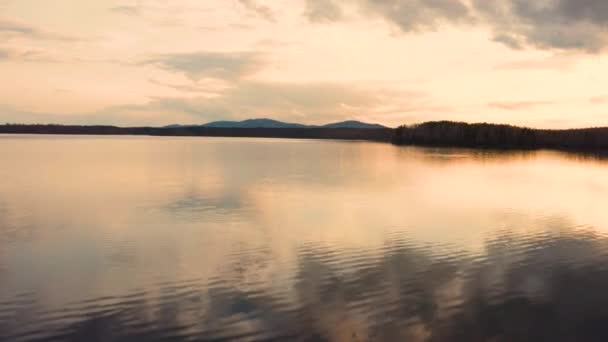 Vue aérienne de la forêt de paysage naturel sur la rive du lac au coucher du soleil — Video