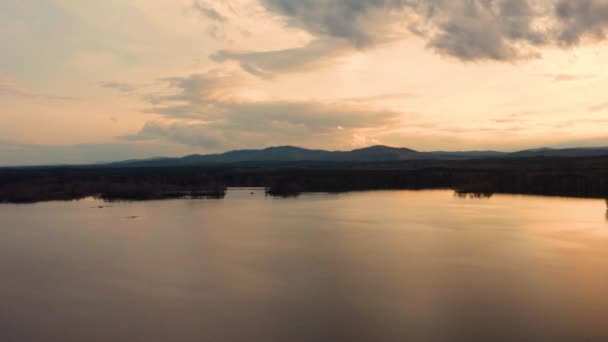 Вид с воздуха на природный ландшафтный лес на берегу озера на закате — стоковое видео