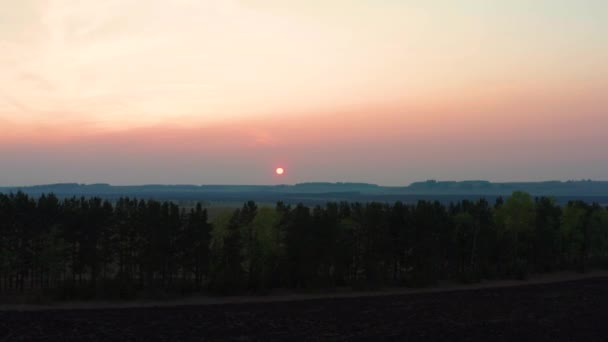 Vista aérea de la puesta de sol roja sobre el bosque — Vídeo de stock
