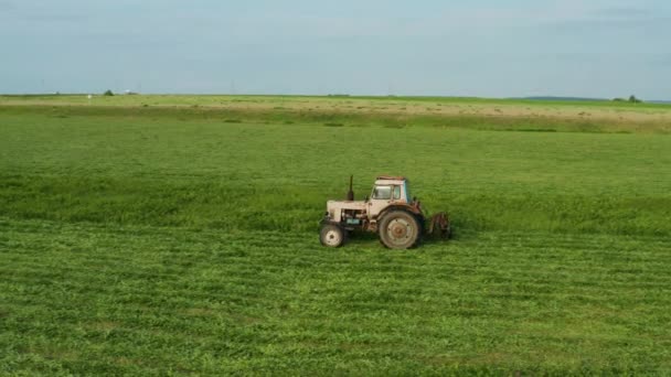 Flygfoto traktor tar bort gräs från fältet — Stockvideo
