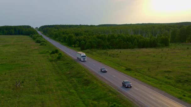 Вид с воздуха на грузовик на шоссе — стоковое видео