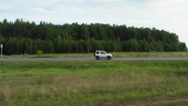 Вид с воздуха на проезжающий по дороге автомобиль среди зеленой травы — стоковое видео