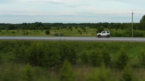 Letecký pohled na auto jedoucí po silnici mezi poli zelené trávy — Stock video