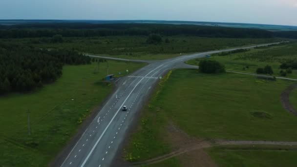 Flygfoto av en bil som kör längs vägen bland fält av grönt gräs — Stockvideo