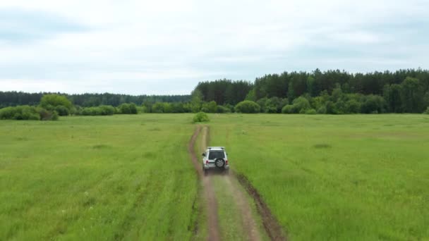 Vista superior de un jeep conduciendo en un camino de tierra en la naturaleza — Vídeos de Stock