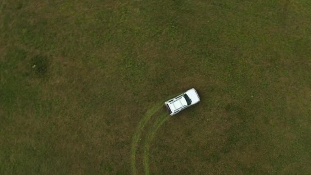 Top view of a jeep driving through a field of grass — Stock Video