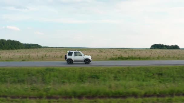 Flygfoto av en bil som kör längs vägen bland fält av grönt gräs — Stockvideo