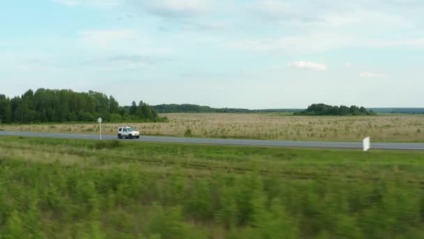 Flygfoto av en bil som kör längs vägen bland fält av grönt gräs — Stockvideo