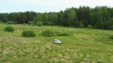 Nehir kenarındaki doğada giden bir arabanın havadan görüntüsü.