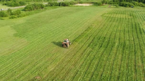 Трактор воздушного обзора удаляет траву с поля — стоковое видео