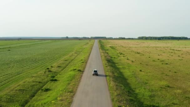 Flygfoto av en bil som kör på en landsväg — Stockvideo