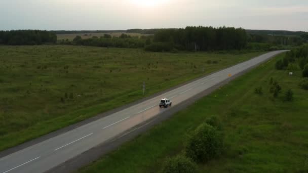 Aerial view of a car driving along the road among fields of green grass — Stock Video