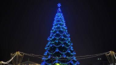 Şehir merkezinde gece gökyüzüne karşı farklı Noel oyuncakları olan Noel ağacı. Tatillerde şenlik havası yaratmak için dekoratif süslerle aydınlatılmış kozalaklı ağaç..