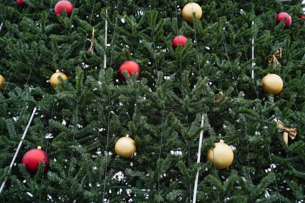 Textura de árbol de Navidad con diferentes juguetes de Navidad. Árbol de coníferas con adornos decorativos para crear ambiente festivo durante las vacaciones. De cerca.. —  Fotos de Stock