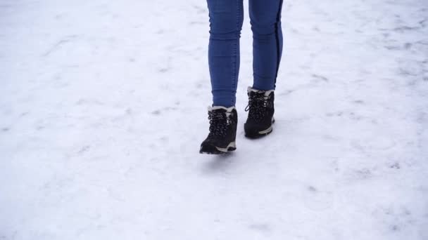 Uma mulher caminha na neve, de perto. Inverno caminha conceito — Vídeo de Stock