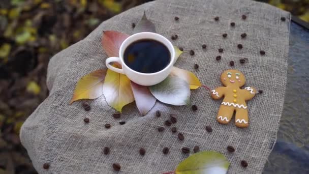 Perníkář a šálek kávy poblíž podzimního listí. Horní pohled na sladké perníkové muže a šálek silné kávy espresso umístěn v blízkosti barevné podzimní listí na plátně v parku — Stock video