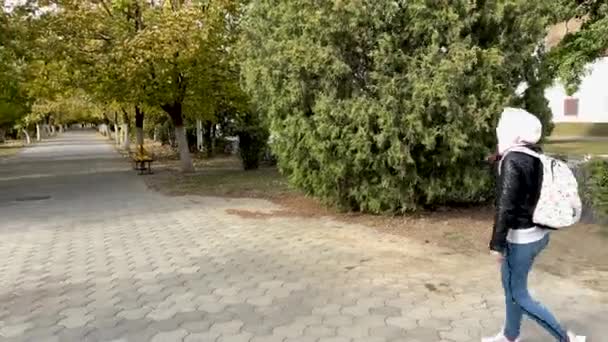 Mladá žena v neformálním oblečení s batohem kráčející uličkou. Zadní pohled na ženské turistické jde dolů ulicí města. — Stock video