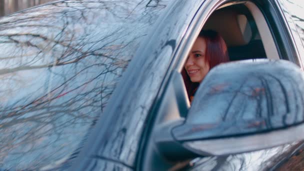 Junge Frau Sitzt Auto Und Redet Brünette Chats Auto Sitzend — Stockvideo
