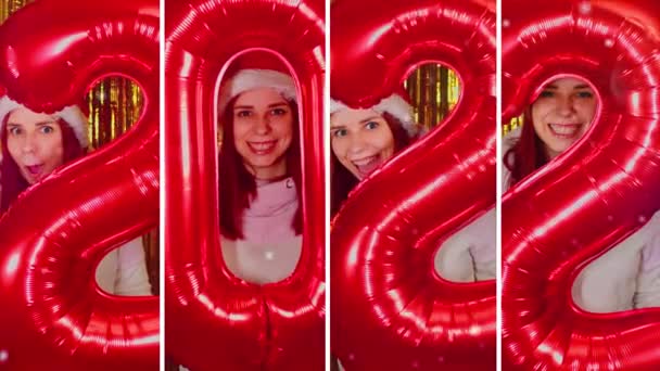 Collage de pantalla dividida de mujer emocional con figuras numéricas rojas. Feliz hembra mirando a la cámara a través de números. Concepto de montaje multipantalla y celebración de fiestas en 2022. — Vídeo de stock