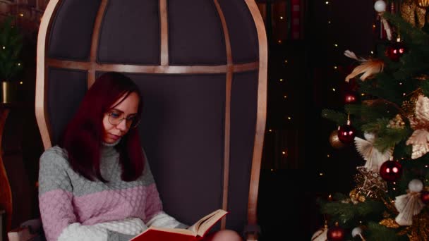 Mulher concentrada em suéter quente e óculos leitura livro no tempo livre perto da árvore de Natal decorado com guirlandas lustrosas em apartamento acolhedor — Vídeo de Stock