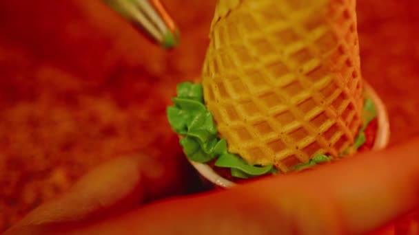 Unrecognizable Woman Holds Small Cupcake Waffle Cone Unknown Female Decorates — Stockvideo