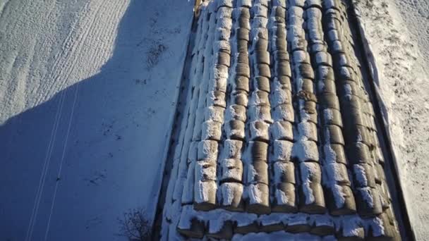 Aerial View Pile Haystacks Winter Season Bird Eye View Outdoor — 图库视频影像