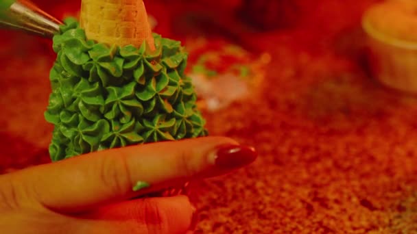 Tanınmayan Bir Kadın Elinde Waffle Külahlı Küçük Bir Kek Tutuyor — Stok video