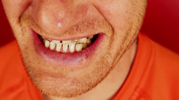 Hombre Las Cosechas Con Diastema Sonrisa Dentada Primer Plano Alto — Vídeos de Stock