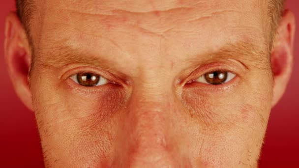 Un homme sérieux aux yeux bruns en studio. Gros plan de la récolte mâle mature sans émotion avec les yeux bruns et les cheveux roux sur fond rouge en studio — Video
