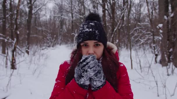 Młoda zamarznięta kobieta w nagłówku i czerwonej kurtce. Dorosła samica ogrzewa dłonie w rękawiczkach oddechem w zimną pogodę. — Wideo stockowe