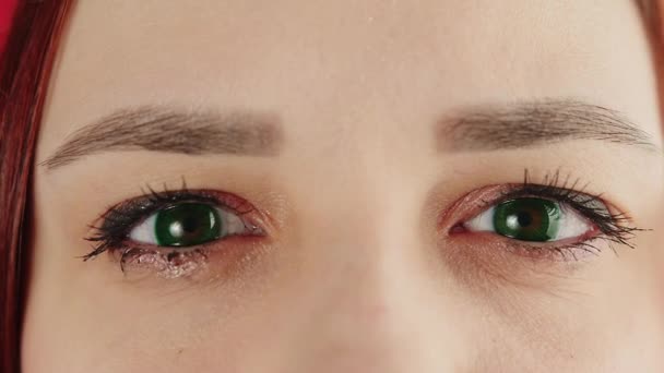 Porträtt av en gråtande kvinna, närbild på ögonen. Flickan gråter och sörjer — Stockvideo