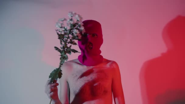 Anonymous shirtless man in balaclava with flowers. Unrecognizable dangerous male with naked torso wearing pink balaclava with bouquet of chamomile in hand standing near wall in dark room. — Stock Video