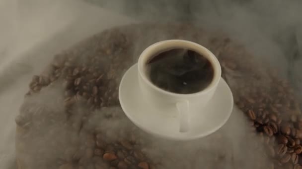 Cup Coffee Saucer Coffee Beans Dissipating Steam Composition Freshly Brewed — Stock Video