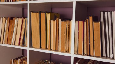 Kitaplıktaki eski kitaplar. Kitaplar kütüphanedeki raflarda..