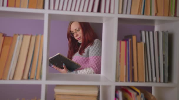 Um estudante está lendo um livro na biblioteca atrás das estantes. Uma jovem pensativa de pé em uma biblioteca entre livros e lendo um livro contra uma parede roxa — Vídeo de Stock