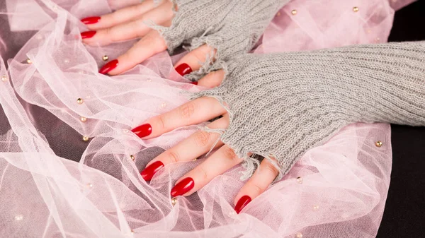 Women Hands Red Nails Female Hands Stylish Knitted Gloves Showing — Stock Photo, Image