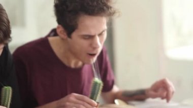 Genç erkekler bir masaya oturup kaktüs yerler. Erkek kaktüs yiyor. Kavram: Çılgın meydan okuma